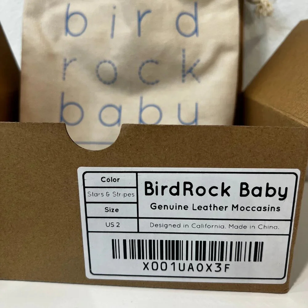 NIB! Bird Rock Baby Genuine Leather Moccasins Stars and Stripes Flag Size 2